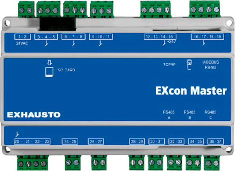 > EXcon 100% Plug & Play Steuerung:
- Konstanter Luftstrom
- Konstanter Druck
- Patentierte adaptive Druckregelung
- Variabler Luftstrom mit CO2/VOC-Sensor (0-10 V Signal)
- Geregelter Druck: optimale Druckregelung wird verwendet, um den Drucksollwert entsprechend dem gemessenen Luftstrom anzupassen, was Energieeffizienz gewährleistet,
- Temperaturkontrolle
- Integrierte Uhr: Betriebsstunden können mit Timer gesteuert werden
> BMS-Kommunikationsprotokolle:
- Integrierter Webserver TCP/IP RJ45
- ModbusRTU RS485
- BACnet TCP/IP
- LON (optional)
> Es besteht auch die Möglichkeit, die VEX4000 ohne Automatik zu bestellen.